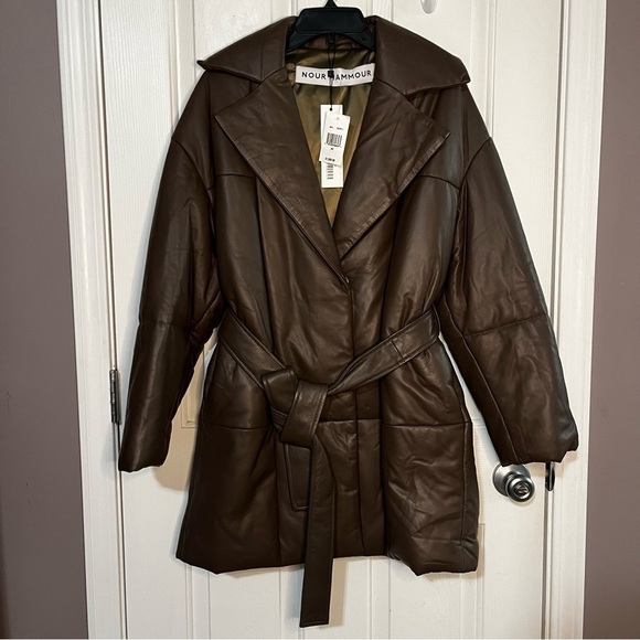 Brown Leather Belted Winter Puffer Jacket - Picture 14 of 14